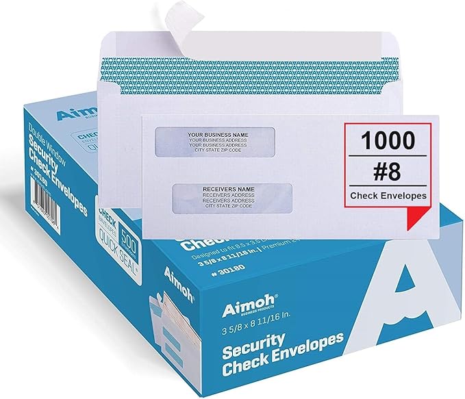 Aimoh #8 Double Window Self Seal Security Envelopes - for Business Checks, QuickBooks & Quicken Checks, Size 3 5/8 x 8 11/16 Inches - Checks Fit Perfectly - Not for Invoices, 1000 Count (30180-1000)