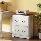DEVAISE 2 Drawer File Cabinet,Lateral Vintage Farmhouse Wood Filing Cabinet with Lock & Charging Station for Letter/Legal/A4 Size, White
