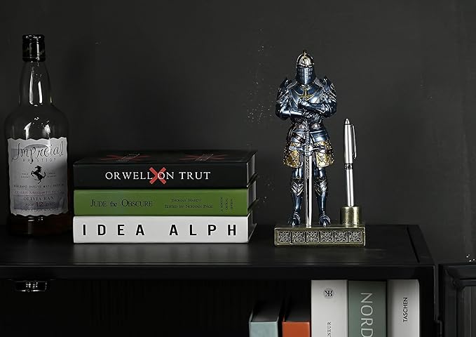 Amoysanli Knight Pen Stand Decoration Resin Pen Holder Art Craft Paperweight for Desktop Organizer Festival Gifts for Boyfriend Husband Dad Son(Blue)
