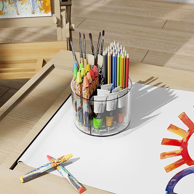 Acrylic Pen Holder, 360 Degree Marker Organizer for Desk, Rotating Desk Storage With 4 Compartments, Art Supply Crayon Holder for Office School Home, Clear