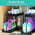 APWNRJA Under Sink Organizers 2 Pack, Pull-Out Sliding Cabinet Organizer with 2-Tier Storage Shelf & 4 Hooks, Multi-Purpose for Kitchen & Bathroom (13 Inch, Black)