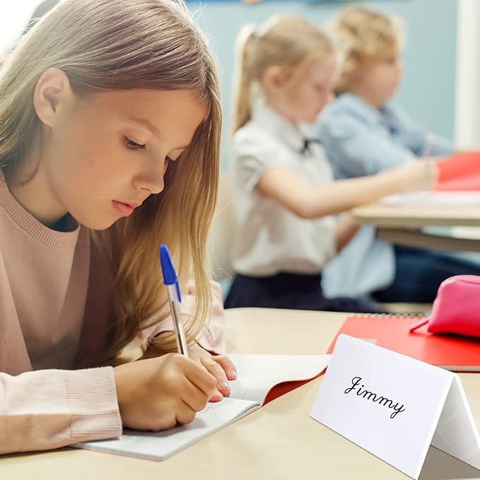 Fainne 60 Sets Dry Erase Name Tent Cards with Black Markers 8.7 x 2.8 x 1.9 Inches White Reusable Name Plate Wipe Clean Desk Tags Sign for Classroom Table Office Conference Meeting Weddings