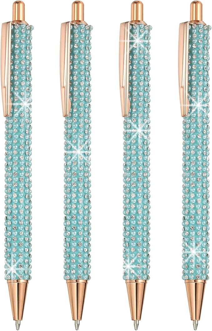 PATIKIL Rhinestone Metal Ballpoint Pen, 4 Pack Crystal Pearl Pens Black Ink 1.0mm Point Sparkly for Women Gift Office Note Taking Journaling, Blue