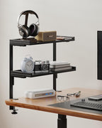 ART-GIFTREE Clamp On Desk Shelf 2-Tier, 16.5 in Wood Shelving Unit for Office Desk/Gaming Accessories, Tabletop Book Storage Rack, Shelf for Top of Desk, Black