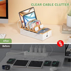 Pezin Hulin Multi Devices Charging Station, with USB Power Adapter HUB, and 6 Wire Cables - Cord Organizer Management, Cell Phone Charger Dock Stand, Desktop Cord Hider Box - Natural +White