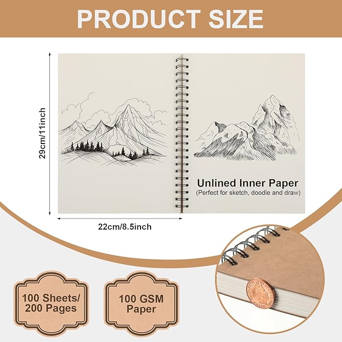 PerKoop 1 Pcs 8.5"x11" Spiral Sketch Pad A4 Large 100 Sheet Blank Notebook Sketch Pads 60lbs (100gsm) Xmas Gifts Sketching Drawing Pad Journals Art Sketchbook for Teachers Students Kids