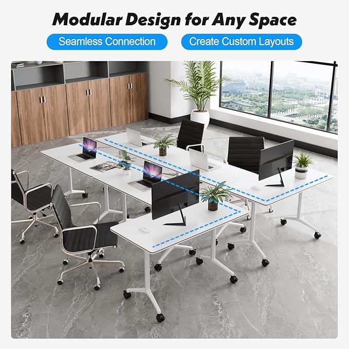 Goakwwuz Conference Room Table, Folding Conference Tables,Thicken Grey Tabletop,Flip Top Wooden Seminar Meeting Room Table for Conference Room Offices (4, White, 47.2“)