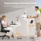 GTPLAYER Electric Standing Desk with Drawers, 55 x 24 Inch Height Adjustable Gaming Desk with Monitor Stand, Power Outlets & LED Lights, Home Office Sit Stand Up Desk with Memory Preset (White)