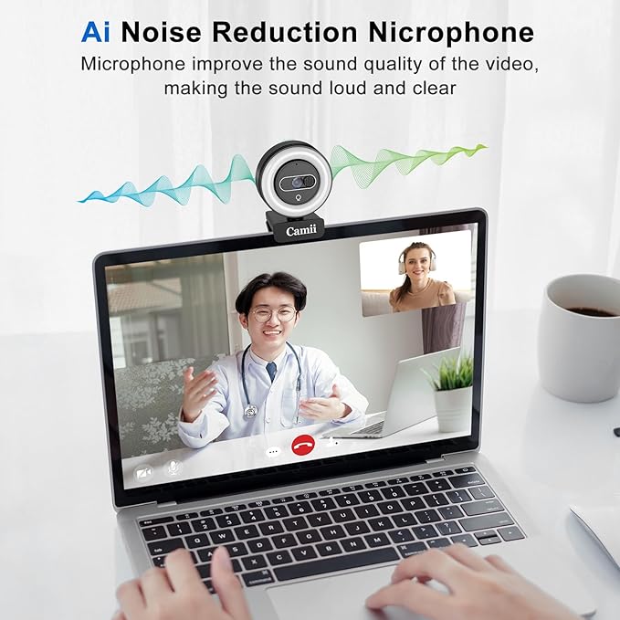 4K Webcam with Light, HD Webcam for PC with Remote Control, Built-in Privacy Cover, Adjustable Brightness, Noise Reduction Mics, for Zoom Skype Teams Laptop and Google Meet