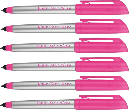 Personalized Pens with Highlighter and Stylus -250 Pack Bulk-Free Imprint - 3 In Highlighter, Ballpoint Pen, and Stylus Combo- add Custom Business Name, Logo or Gift Message- Pink