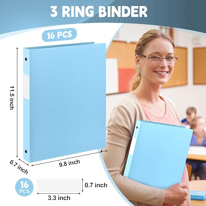 Henoyso 16 Pcs 3 Ring Binder 0.5 Inch Round Fits Letter Size 8.5'' x 11'' Paper Plastic Flexible Binder Bulk Holds 140 Sheets with 1 Pockets Versatile Organizer for Home Office School (Light Blue)