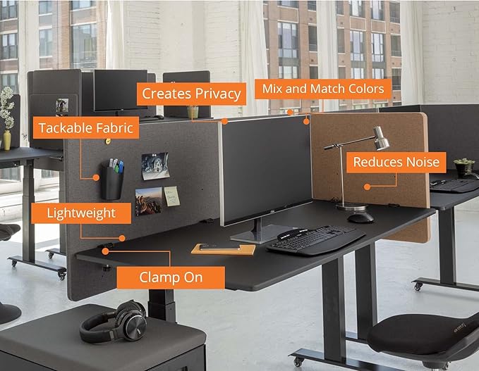 Stand Up Desk Store ReFocus Clamp-on Acoustic Desk Divider Privacy Panel That Reduces Noise and Visual Distractions (Ash Gray, 47.25" x 23.6")