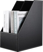 KINGFOM Wooden Leatherette Desktop File Folder Organizer and Document File Stand Journals Magazine Rack 2 Slots (black)