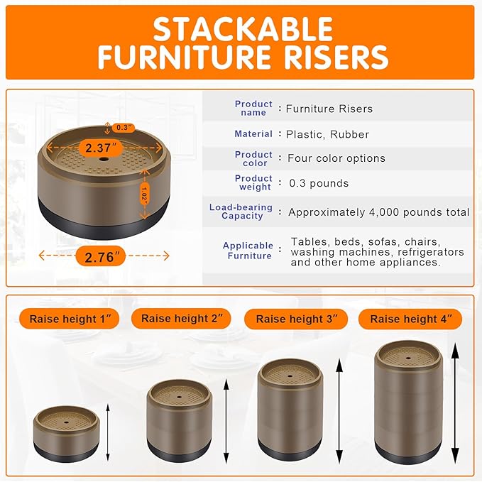 Furniture Risers Bed Risers Heavy Duty 1 inch, 2 inch, 3 inch, 4 inch Round Adjustable Bed Lifts Riser for Desk Legs Table Couch Sofa Chair Refrigerator Washing Machine (1 Inch, Brown, 6 Pack )