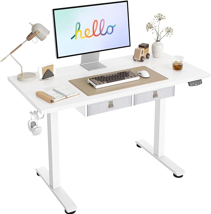 Agilestic Standing Desk with 2 Drawers, Adjustable Height Electric Desk with Storage, 48 x 24 Inches Sit Stand Up Computer Table for Work Office Home, White