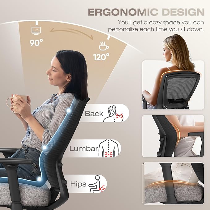 T96C Ergonomic Home Office Chair, Mesh Computer Desk Chair with 4D Armrests, Adjustable Lumbar Support,Tilt Function, Executive Rolling Swivel Task Chair for Long Hours (Stone)