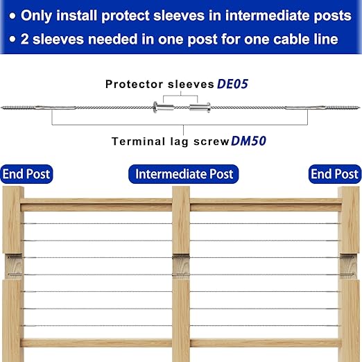 Steel DN Mate 200 Pack Stainless Steel Protector Sleeves for 1/8" Wire Rope, Cable Railing Hardware for Deck/Cable Railing System, T316 Marine Grade, Cable Sleeves Come with a Drill Bit DE05