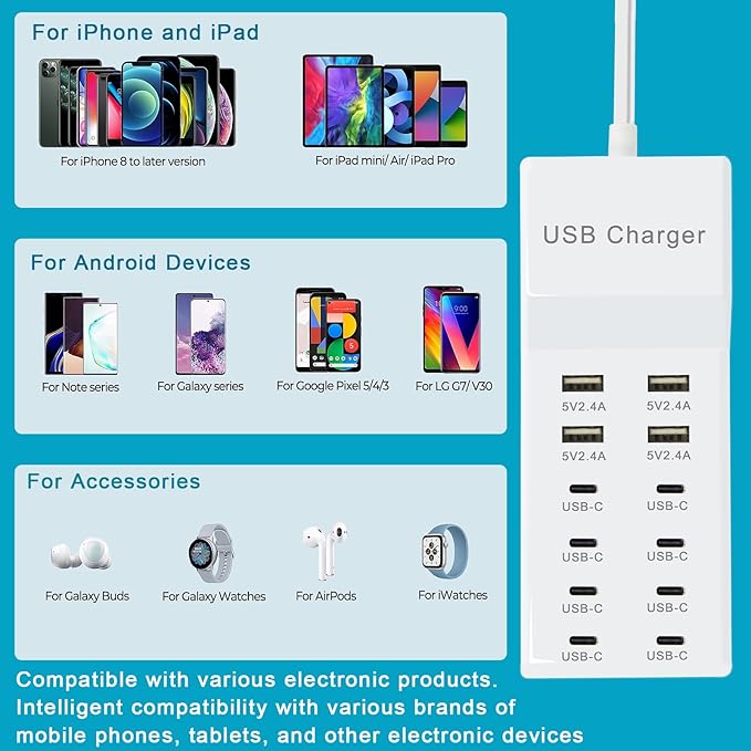 USB Charger, 12-Port Charging Station (4 USB-A Ports and 8 USB-C Ports) Compatible with Multiple Devices for iPhone 15/14/13/12Pro, Tablet PC, Smartphone