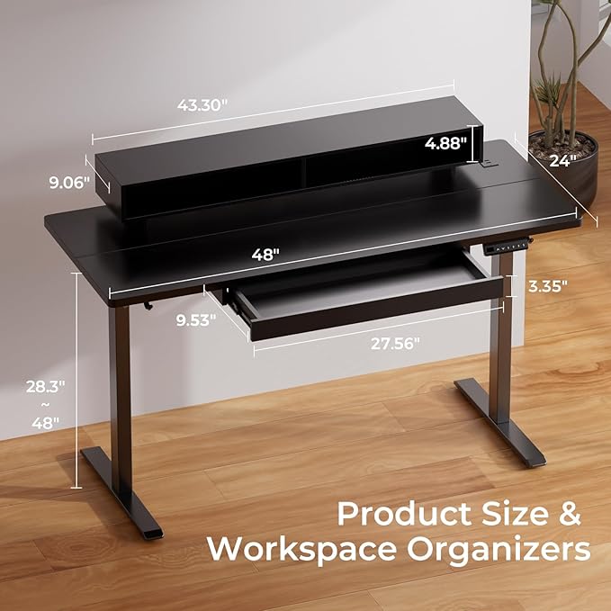 GTPLAYER Electric Standing Desk with Drawers, 48 x 24 Inch Height Adjustable Gaming Desk with Monitor Stand, Power Outlets & LED Lights, Home Office Sit Stand Up Desk with Memory Preset (Black)