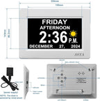 SSYA Digital Calendar Alarm Clock - Dementia Clocks for Seniors, Non-Abbreviated Memory Loss Clock with Date and Time for Elderly (White)
