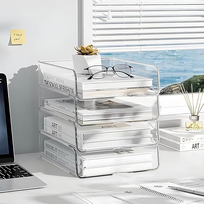 4-Tier Paper Organizer for Desk, Stackable Desk Organizer Paper Tray, Ideal for Office Supplies, A4 Storage (Clear, 4-Tier)