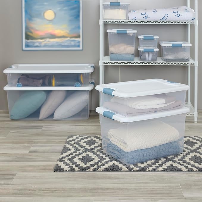 Sterilite 12 Pack Latching Box, Under Bed Storage Bins with Lids, Clear Plastic, 64 Quart - Heavy-Duty Organizing Containers for Closet, Bathroom, and Office