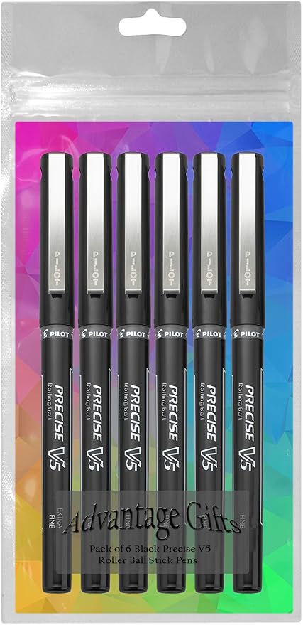 Precise V5 Stick Rolling Ball Pens, Extra Fine Point (.5mm), Black Ink, 6-pk; Bundle with Plastic Reusable Pouch