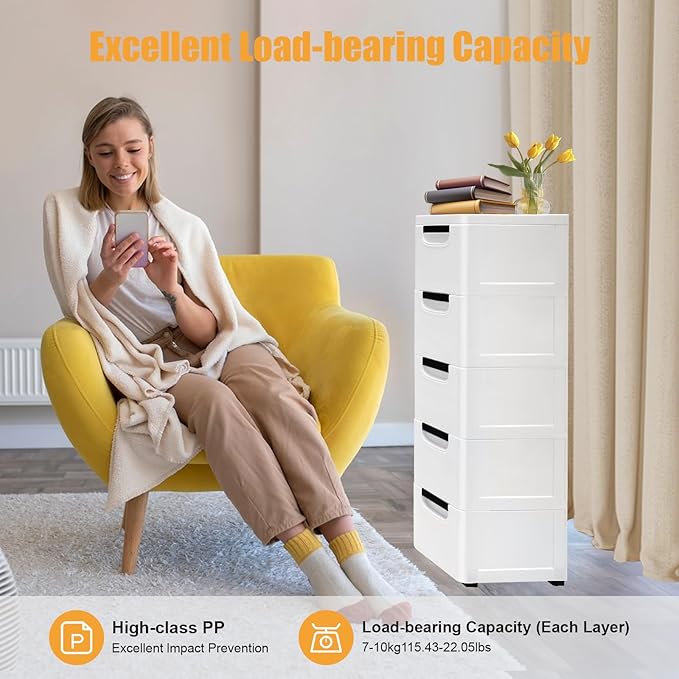 YARDOMGAR 5-Drawer Storage Cabinet with Removable Drawers - 7.87x15.75×33.07in White PP Vertical Plastic Storage Drawers for Toys & Home Decor, 22lbs Capacity (B-White)