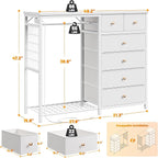 EnHomee 49.2" W White Dresser for Bedroom with Hanging Rack, 6 Drawers Dresser with LED Lights & Charging Station, Fabric Dressers & Chest of Drawers with Grid Panel & 4 Hooks, Wooden Top