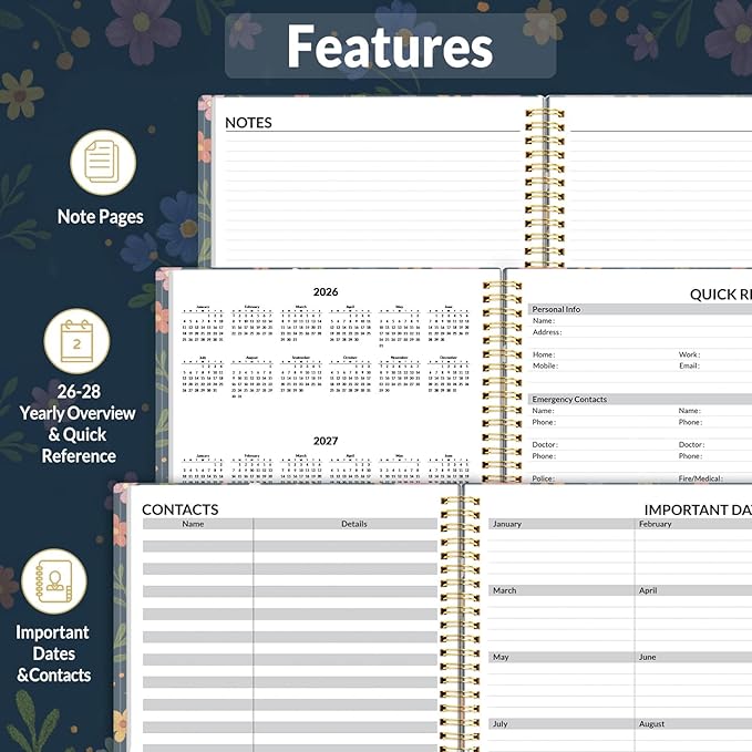 SUNEE 2026 Appointment Book, Quarter-Hourly, Weekly & Monthly - from January 2026 - December 2026, 8.5"x11" Weekly Planner, Flexible Cover, Note Pages, Pockets, Bookmark, Spiral Binding, Navy Flower