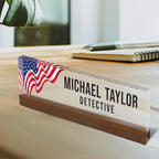 Artblox Personalized Office Desk Name Plate With Business Card Holder | Clear Acrylic Glass with Teak Wood Stand | Us Flag Design Customized with Your Name and Credentials Office Desk Décor