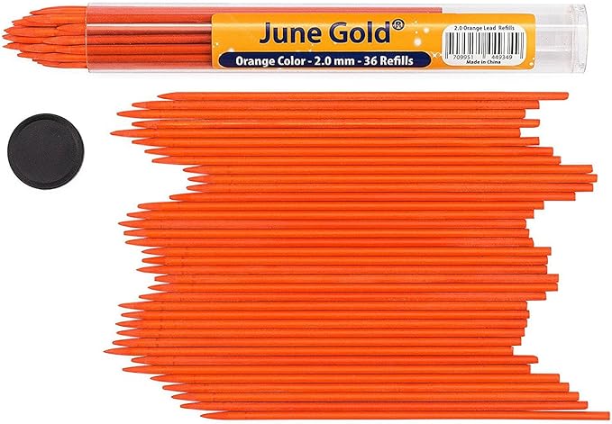 June Gold 36 Orange (Carrot #102) Colored 2.0 mm Lead Refills, Bold Thickness for Heavy Use, Break Resistant with a Convenient Dispenser