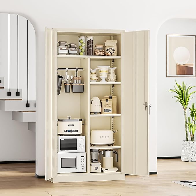 INTERGREAT Metal Storage Cabinet with Lock,72 Tall Armoire Wardrobe Closet with Doors,Cream Grey Storage Closet Cabinet with Adjustable Shelves and Removable Hanging Rods