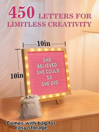 Changeable Felt Letter Board with LED Lights - 10×10" Message Custom Signs & Wood Stand & 450 Letters, Poster Board for Valentine's Day/Baby/Pregnancy Announcement/Classroom Wall Decor Gifts, Pink