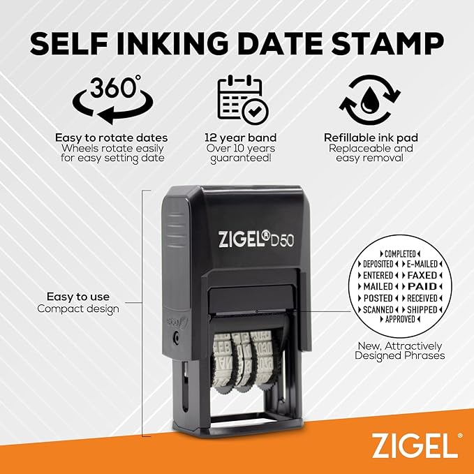 ZIGEL D50 Date Stamp with Approved - Self Inking Date Stamp - Red