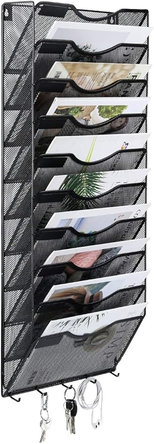 EasyPAG 10 Pocket Mesh Wall File Organizer with Key Hooks, Hanging Paper Folder Holder with Classify Label, Vertical Wall Mount Mail Organizer for Office Home Classroom, Black