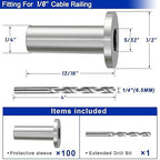 Steel DN Mate 100 Pack Stainless Steel Protector Sleeves for 1/8" Wire Rope, Cable Railing Hardware for Deck/Cable Railing System, T316 Marine Grade, Cable Sleeves Come with a Drill Bit DE100