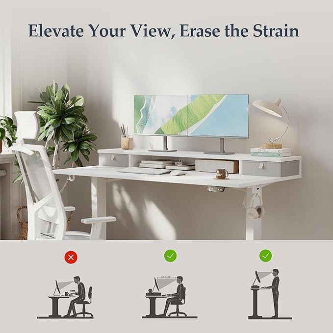 Klicelor 63 Inch Electric Standing Desk with Drawers, Adjustable Height Small Sit Stand Desk for Home Office, Compact Computer Workstation with Storage– White