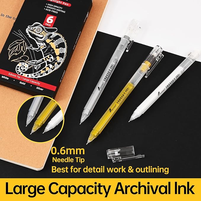 0.6mm Fine Point Silver Gel Pens, 3-Pack for Artists Drawing on Black Paper, Sketching, Adult Coloring Books & Modern Crafts