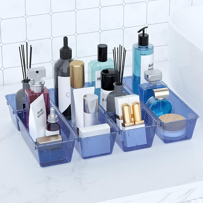 WOWBOX 12 Pack Clear Drawer Organizer Set, Acrylic Drawer Storage Trays, Storage Bins for Makeup, Cosmetics, Jewelries, Utensils, Gadgets, Office, Dark Blue