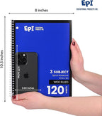 EPI Spiral Notebook | 3 Subject - Wide Ruled - 120 Sheets, Durable Spiral Binding | 10.5 x 8 in | Classroom Supplies | School, Office, Note Taking, Journaling - 12 Pack