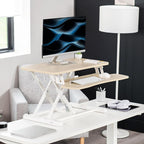VIVO 28 inch Desk Converter, K Series, Height Adjustable Sit to Stand Riser, Dual Monitor and Laptop Workstation with Keyboard Tray, Light Wood Top, White Frame, DESK-V028KF