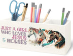 URLLUAE Horse Gifts for Girls Women Wooden Pen Pencil Holder for Office Desk Accessories, Western Cowgirl Gifts, Just a Girl Who Loves Jesus and Horse Makeup Brush Toothbrush Holder Organizer