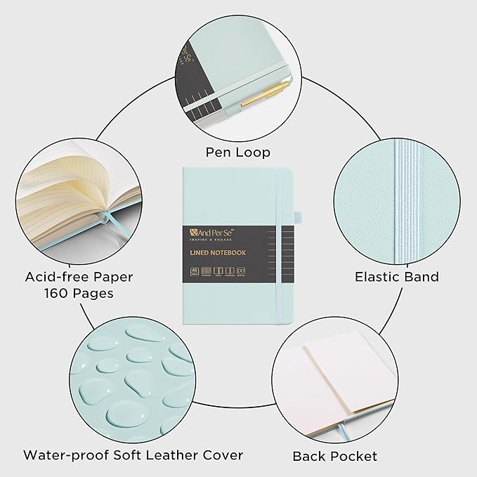 A5 Lined Leather Journal and Pen Set (3 packs), Hardcover Notebook with Pen, 160 Pages 100gsm Thick Ruled Paper for Men Women, for Work, Business, School or Home Writing, 5.7'' x 8'' (Cyan)