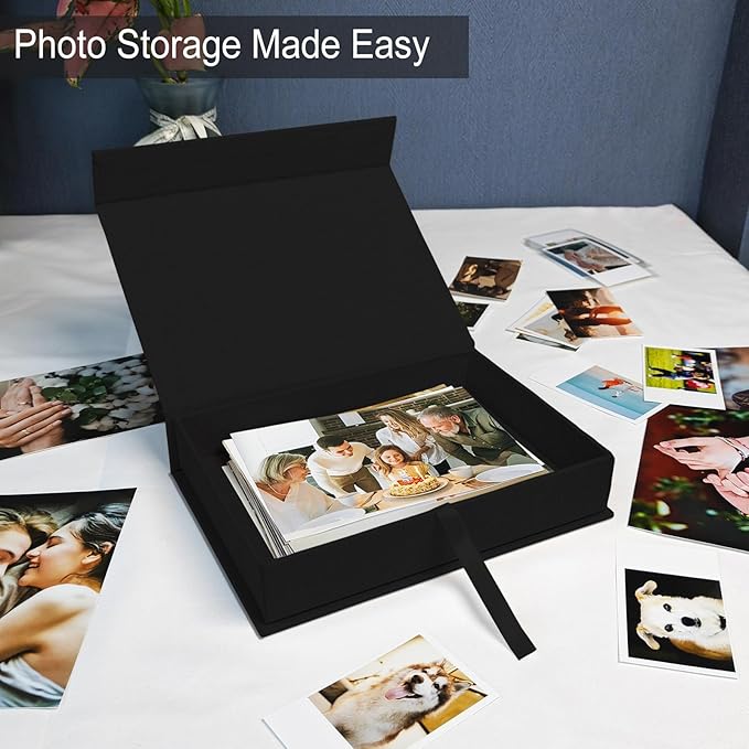 Sprsthai 5x7 Archival Photo Storage Box with Lid – Stackable Memory Keepsake Organizer for Photos, Certificates, Jewelry & Scrapbooking Supplies Black