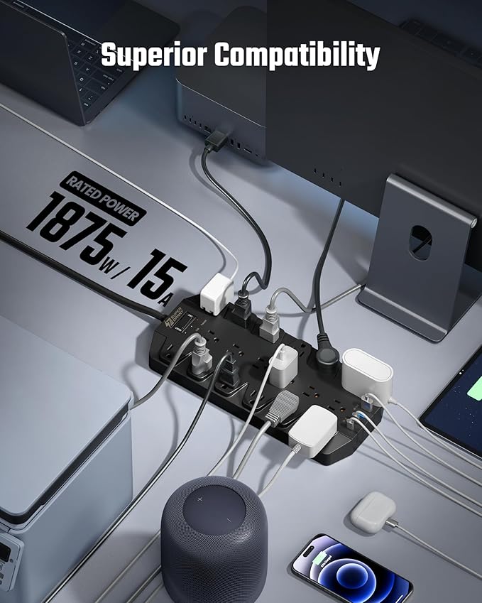 18 Widely Outlets Power Strip, SUPERDANNY Surge Protector with 4 USB Ports, 15FT Flat Plug Heavy Duty Extension Cord, 2100J, 1875W/15A, Wall Mount Holes for Home, Office, Dorm, Black