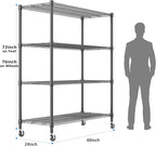 Homdox 60”W Storage Shelves, 4 Tier Heavy Duty Wire Shelving Unit with Wheels, 2400LBS Commercial Adjustable Metal Shelves for Storage, Garage Rack Pantry Shelves Kitchen Shelving, 24"x60"x72", Black