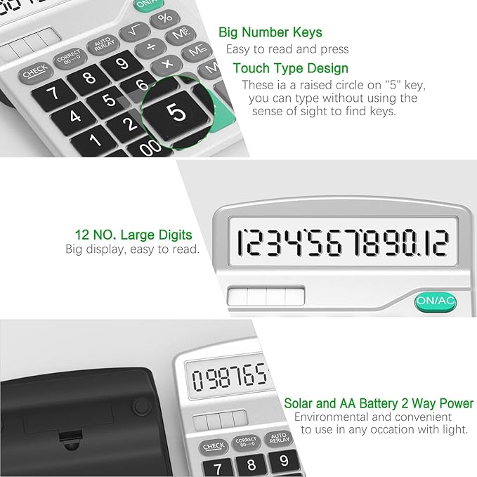 Splaks 4 Pack Standard Functional Desktop Calculator - Solar and AA Battery Dual Power Electronic Calculator with 12-Digit Large Display (2 Basic Black & 2 Updated Silver)