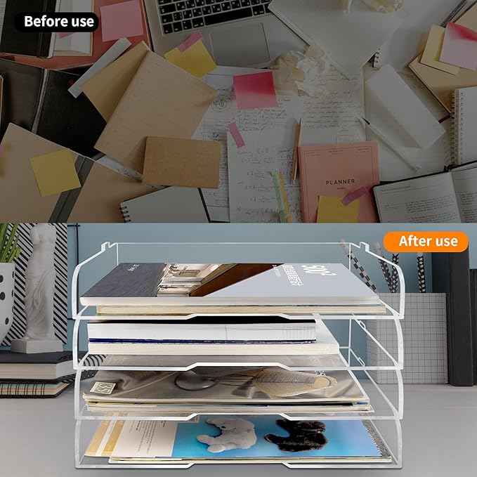 4 Pack- Stackable Paper Letter Tray,Clear Acrylic Magazine Holder and File Organizer - Sleek Desk Organizer for Home Office, Bookshelf, or Workspace - Space-Saving Transparent Document Holder