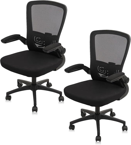 Office Desk Chairs with Wheels, Ergonomic Mesh Chair with Adjustable Height Lumbar Support, Rolling Swivel Computer Task Chair with Flip Up Armrests for Home, Study, Conference, Black (2PK)